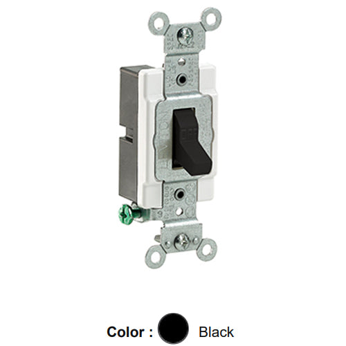 Leviton CS120-2E, Standard Single Pole AC Quiet Toggle Switch, Commercial Specification Grade, 20A 120/277V AC, Grounding, Side Wired, Black