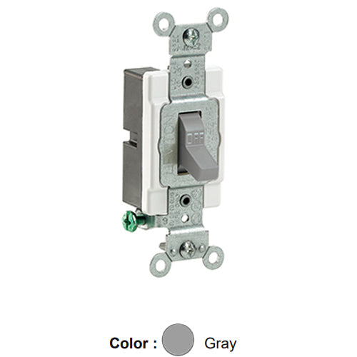 Leviton CS120-2GY, Standard Single Pole AC Quiet Toggle Switch, Commercial Specification Grade, 20A 120/277V AC, Grounding, Side Wired, Gray