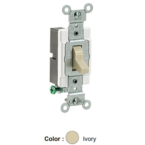Leviton CS120-2I, Standard Single Pole AC Quiet Toggle Switch, Commercial Specification Grade, 20A 120/277V AC, Grounding, Side Wired, Ivory