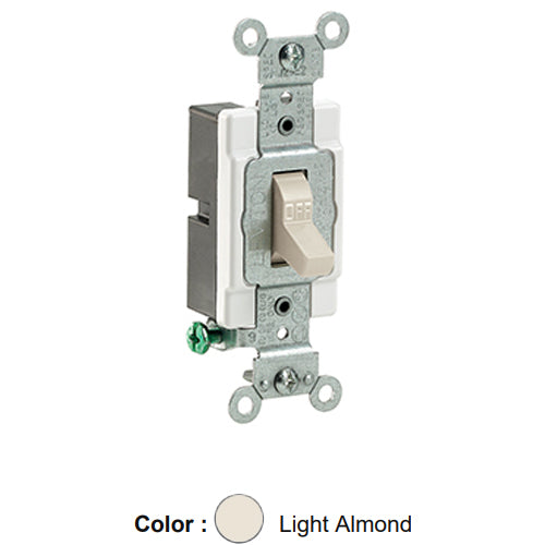 Leviton CS120-2T, Standard Single Pole AC Quiet Toggle Switch, Commercial Specification Grade, 20A 120/277V AC, Grounding, Side Wired, Light Almond