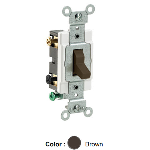 Leviton CS220-2, Standard Double Pole AC Quiet Toggle Switch, Commercial Specification Grade, 20A 120/277V AC, Grounding, Side Wired, Brown