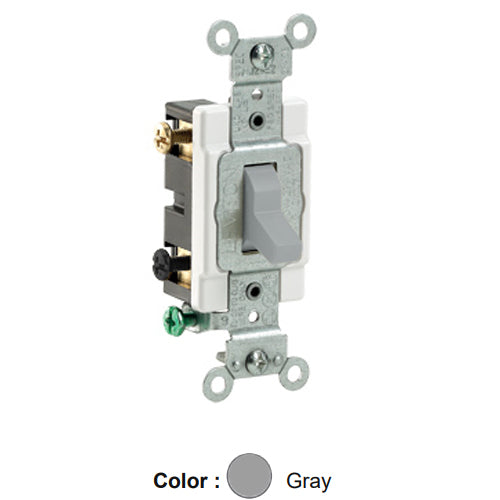 Leviton CS220-2GY, Standard Double Pole AC Quiet Toggle Switch, Commercial Specification Grade, 20A 120/277V AC, Grounding, Side Wired, Gray