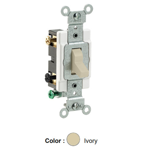 Leviton CS215-2I, Standard Double Pole AC Quiet Toggle Switch, Commercial Specification Grade, 15A 120/277V AC, Grounding, Side Wired, Ivory