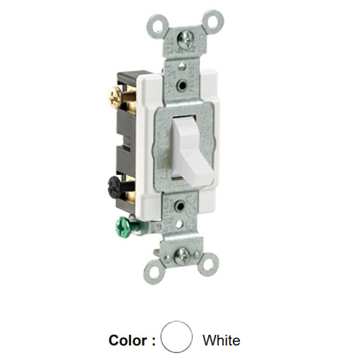 Leviton CS215-2W, Standard Double Pole AC Quiet Toggle Switch, Commercial Specification Grade, 15A 120/277V AC, Grounding, Side Wired, White