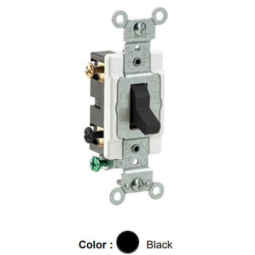 Leviton CS220-2E, Standard Double Pole AC Quiet Toggle Switch, Commercial Specification Grade, 20A 120/277V AC, Grounding, Side Wired, Black