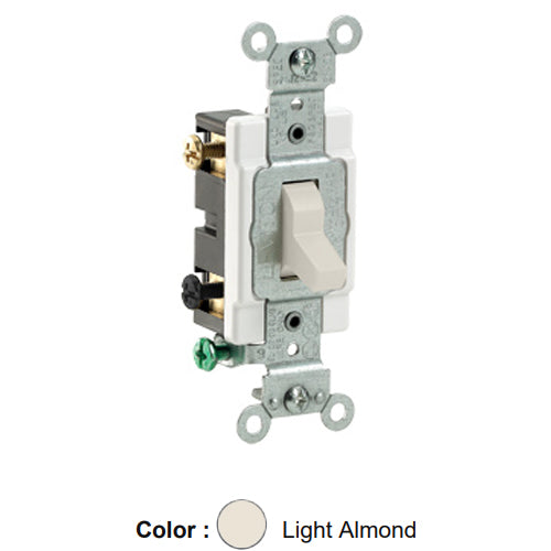 Leviton CS220-2T, Standard Double Pole AC Quiet Toggle Switch, Commercial Specification Grade, 20A 120/277V AC, Grounding, Side Wired, Light Almond
