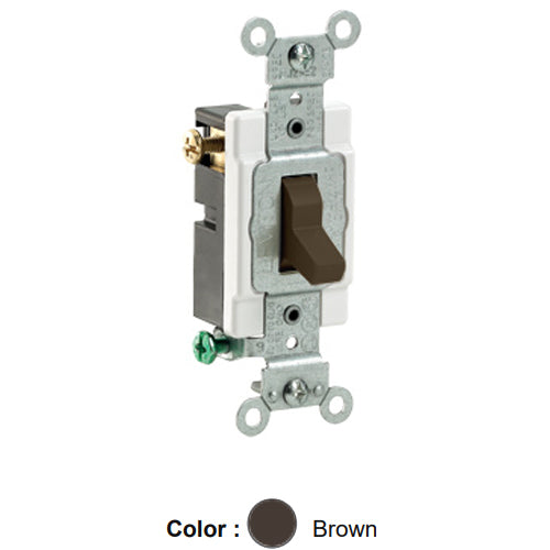 Leviton CS320-2, Standard 3-Way AC Quiet Toggle Switch, Commercial Specification Grade, 20A 120/277V AC, Grounding, Side Wired, Brown