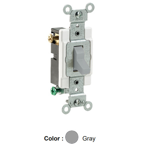 Leviton CS320-2GY, Standard 3-Way AC Quiet Toggle Switch, Commercial Specification Grade, 20A 120/277V AC, Grounding, Side Wired, Gray