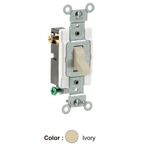 Leviton CS320-2I, Standard 3-Way AC Quiet Toggle Switch, Commercial Specification Grade, 20A 120/277V AC, Grounding, Side Wired, Ivory