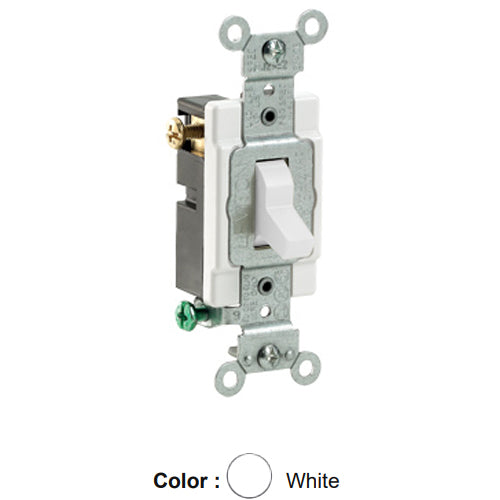 Leviton CS320-2W, Standard 3-Way AC Quiet Toggle Switch, Commercial Specification Grade, 20A 120/277V AC, Grounding, Side Wired, White