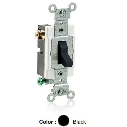 Leviton CS320-2E, Standard 3-Way AC Quiet Toggle Switch, Commercial Specification Grade, 20A 120/277V AC, Grounding, Side Wired, Black