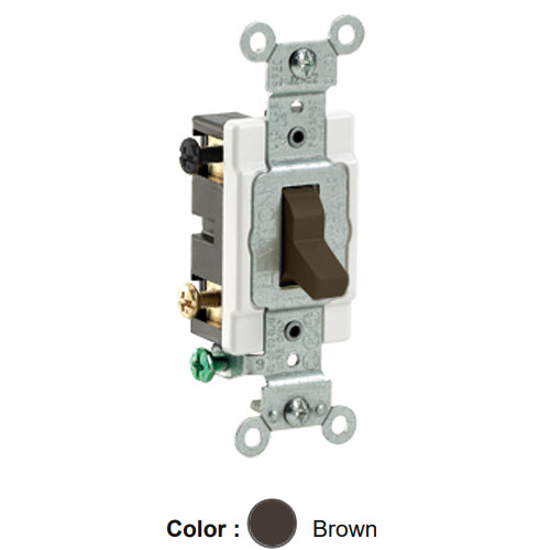 Leviton CS420-2, Standard 4-Way AC Quiet Toggle Switch, Commercial Specification Grade, 20A 120/277V AC, Grounding, Side Wired, Brown