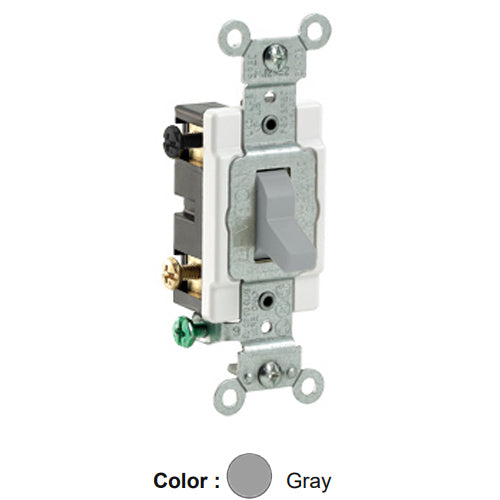 Leviton CS420-2GY, Standard 4-Way AC Quiet Toggle Switch, Commercial Specification Grade, 20A 120/277V AC, Grounding, Side Wired, Gray