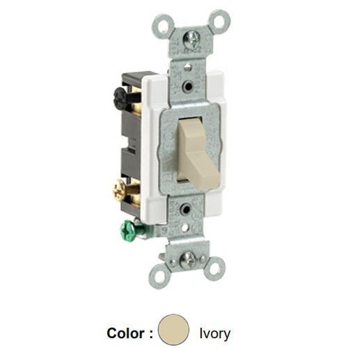 Leviton CS420-2I, Standard 4-Way AC Quiet Toggle Switch, Commercial Specification Grade, 20A 120/277V AC, Grounding, Side Wired, Ivory