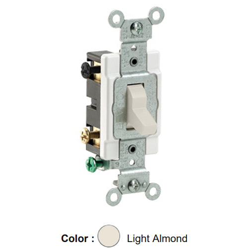 Leviton CS420-2T, Standard 4-Way AC Quiet Toggle Switch, Commercial Specification Grade, 20A 120/277V AC, Grounding, Side Wired, Light Almond