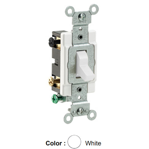 Leviton CS420-2W, Standard 4-Way AC Quiet Toggle Switch, Commercial Specification Grade, 20A 120/277V AC, Grounding, Side Wired, White