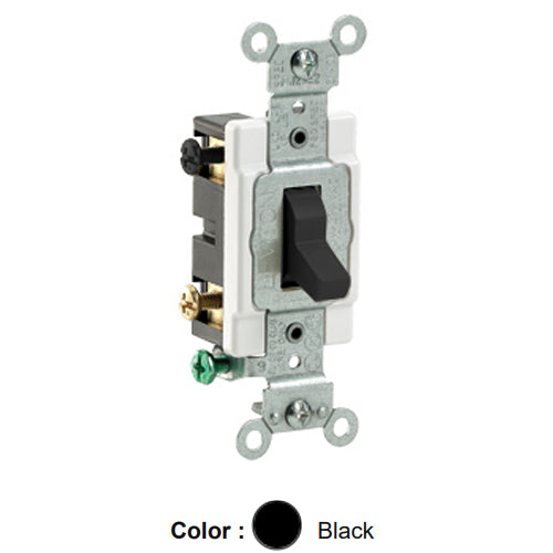 Leviton CS420-2E, Standard 4-Way AC Quiet Toggle Switch, Commercial Specification Grade, 20A 120/277V AC, Grounding, Side Wired, Black