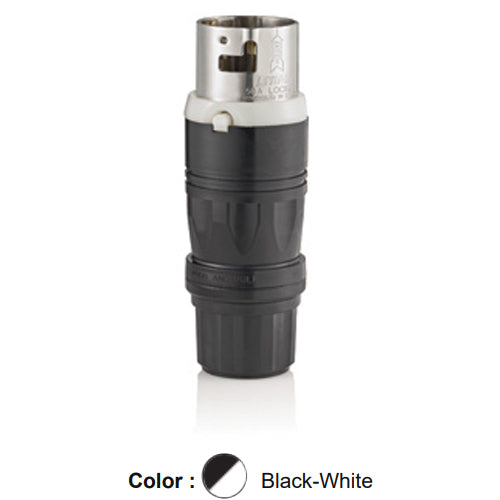 Leviton CS6365W, Black & White Locking Plug, Industrial Grade, Screwless Cable Clamp, 50 Amp, 125/250V AC, Non-NEMA, 3-Pole, 4-Wire, Grounding, California Style(CS), Black/White