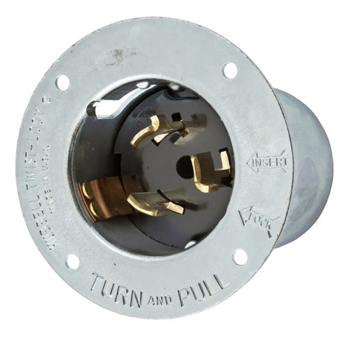 Hubbell CS6375, Flanged Inlets, Zinc Plated Steel Casing, Thermoset Interior, 50A 125/250V, 3 Pole 4 Wire Grounding