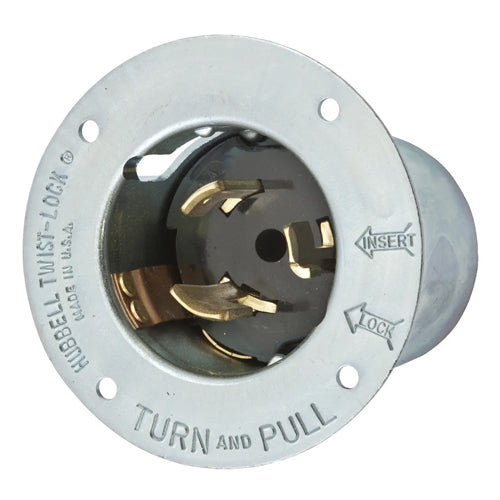 Hubbell CS6377, Insulgrip Flanged Inlets, Zinc Plated Steel Casing, Thermoset Interior, 50A 125V, 2-Pole 3-Wire Grounding