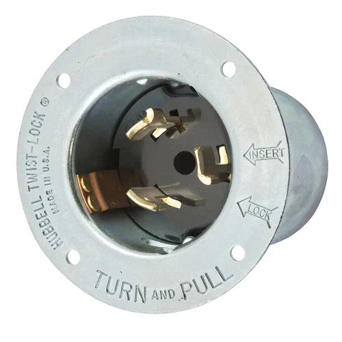 Hubbell CS8175, Flanged Inlets, Zinc Plated Steel Casing, Thermoset Interior, 50A 480V, 3 Pole 4 Wire Grounding