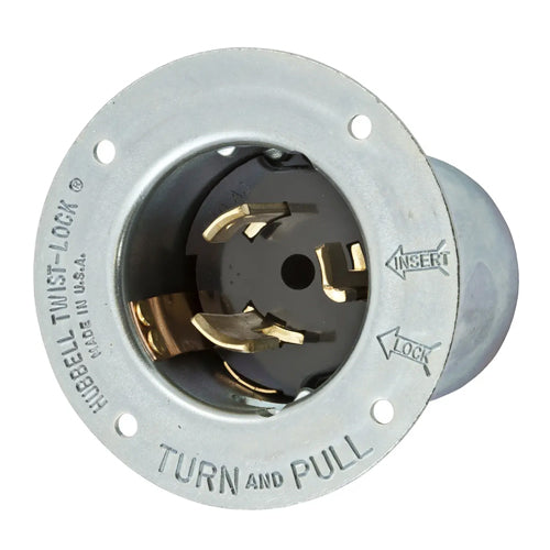 Hubbell CS8275, Insulgrip Flanged Inlets, Zinc Plated Steel Casing, Thermoset Interior, 50A 250V, 2-Pole 3-Wire Grounding