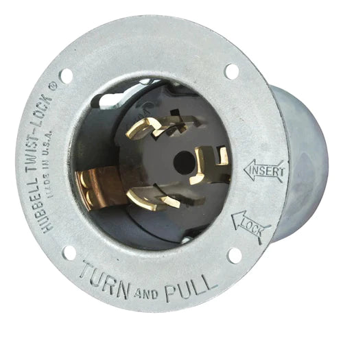 Hubbell CS8375, Flanged Inlets, Zinc Plated Steel Casing, Thermoset Interior, 50A 250V, 3 Pole 4 Wire Grounding