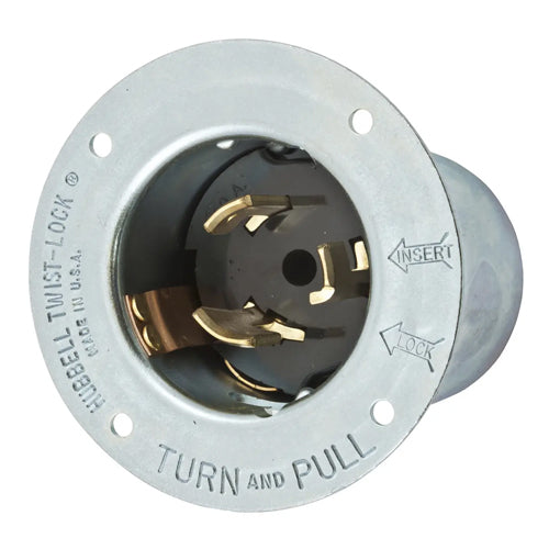 Hubbell CS8475, Insulgrip Flanged Inlets, Zinc Plated Steel Casing, Thermoset Interior, 50A 480V, 2-Pole 3-Wire Grounding