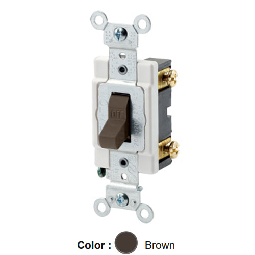 Leviton CSB1-20, Standard Single Pole AC Quiet Toggle Switch, Commercial Specification Grade, 20A 120/277V AC, Grounding, Back and Side Wired, Brown