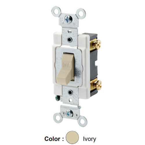 Leviton CSB1-20I, Standard Single Pole AC Quiet Toggle Switch, Commercial Specification Grade, 20A 120/277V AC, Grounding, Back and Side Wired, Ivory