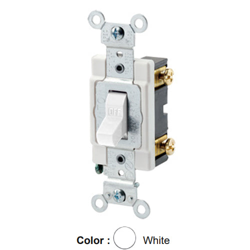 Leviton CSB1-20W, Standard Single Pole AC Quiet Toggle Switch, Commercial Specification Grade, 20A 120/277V AC, Grounding, Back and Side Wired, White