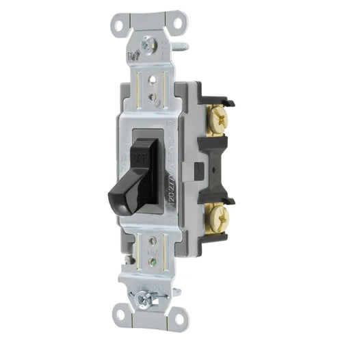 Hubbell CSB215BK, Toggle Switch, Commercial Grade, Double Pole, 15A 120/277V AC, Back and Side Wired, Black
