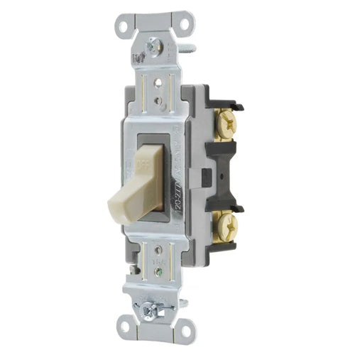Hubbell CSB215I, Toggle Switch, Commercial Grade, Double Pole, 15A 120/277V AC, Back and Side Wired, Ivory