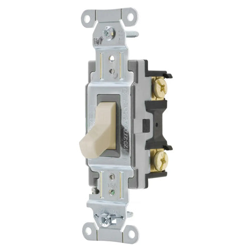Hubbell CSB115LA, Toggle Switch, Commercial Grade, Single Pole, 15A 120/277V AC, Back and Side Wired, Light Almond