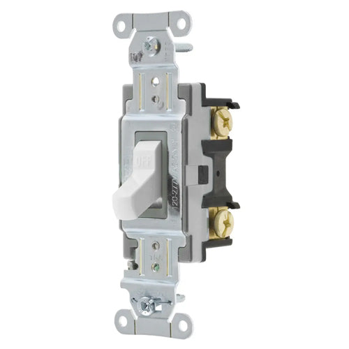 Hubbell CSB115W, Toggle Switch, Commercial Grade, Single Pole, 15A 120/277V AC, Back and Side Wired, White