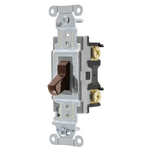 Hubbell CSB115, Toggle Switch, Commercial Grade, Single Pole, 15A 120/277V AC, Back and Side Wired, Brown
