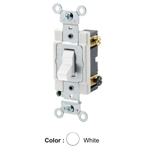 Leviton CSB4-20W, Standard 4-Way AC Quiet Toggle Switch, Commercial Specification Grade, 20A 120/277V AC, Grounding, Back and Side Wired, White
