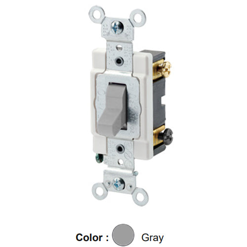 Leviton CSB4-20G, Standard 4-Way AC Quiet Toggle Switch, Commercial Specification Grade, 20A 120/277V AC, Grounding, Back and Side Wired, Gray
