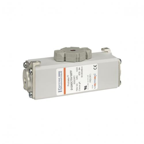 Mersen D120GC75V100TF, Square Body High-Speed Fuse, Fast Acting, Size 120 gR,  750VDC, 100A, With Striker Flush ends metric threads