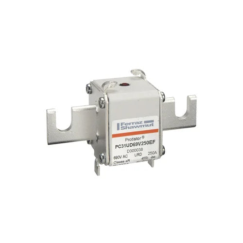 Mersen D300038, Square Body High-Speed Fuse, Fast Acting, Size 31 aR, 690/700VAC, 250A, With Striker Open Slot Blades