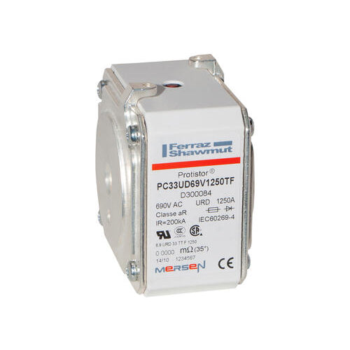 Mersen D300084, Square Body High-Speed Fuse, Fast Acting, Size 33 aR, 690/700VAC, 1250A, With Striker Flush ends metric threads