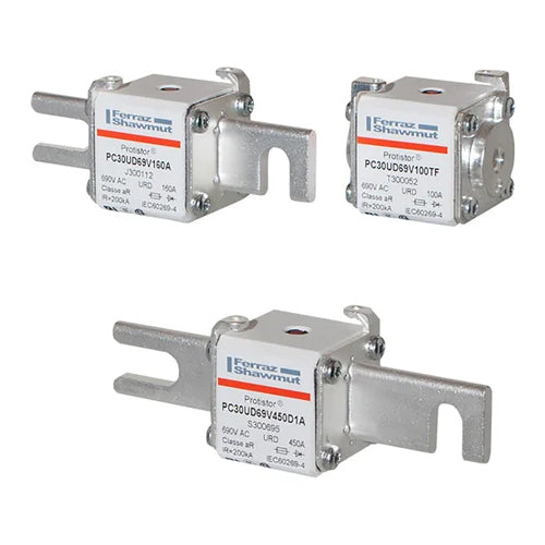 Mersen D300130, Square Body High-Speed Fuse, Fast Acting, Size 30 aR, 690/700VAC, 100A, With Striker Slotted Blades short