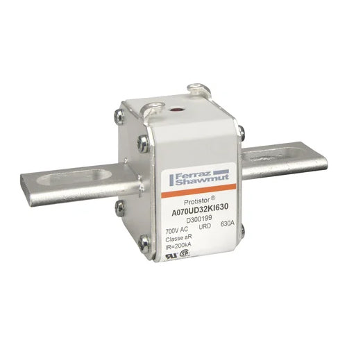 Mersen D300199, Square Body High-Speed Fuse, Fast Acting, Size 32 aR, 690/700VAC, 630A, With Striker Slotted Blades short