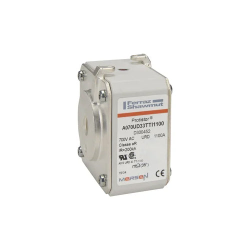 Mersen D300452, Square Body High-Speed Fuse, Fast Acting, Size 33 aR, 690/700VAC, 1100A, With Striker Flush ends UNC threads