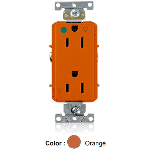 Leviton D8200-IG, Decora Plus Straight Blade Duplex Receptacle, Heavy-Duty Hospital Grade, Smooth Face, Isolated Ground, 15A 125V, NEMA 5-15R, 2-Pole, 3-Wire, Back and Side Wire, Orange