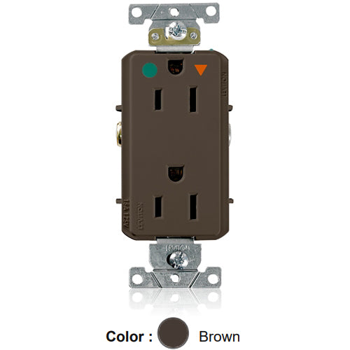 Leviton D8200-IGB, Decora Plus Straight Blade Duplex Receptacle, Heavy-Duty Hospital Grade, Smooth Face, Isolated Ground, 15A 125V, NEMA 5-15R, 2-Pole, 3-Wire, Back and Side Wire, Brown