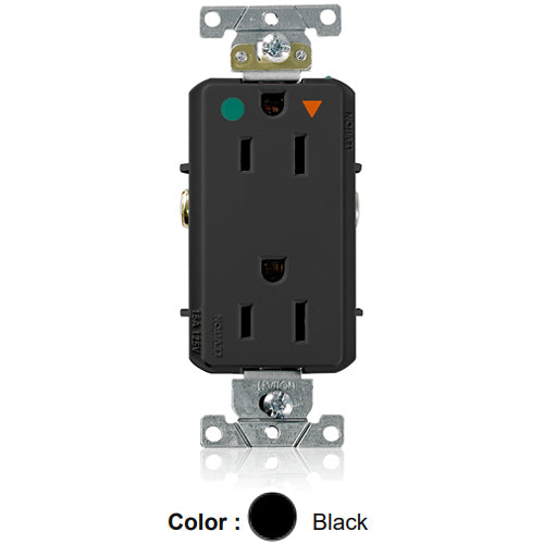 Leviton D8200-IGE, Decora Plus Straight Blade Duplex Receptacle, Heavy-Duty Hospital Grade, Smooth Face, Isolated Ground, 15A 125V, NEMA 5-15R, 2-Pole, 3-Wire, Back and Side Wire, Black