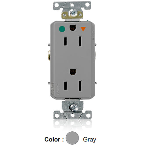Leviton D8200-IGG, Decora Plus Straight Blade Duplex Receptacle, Heavy-Duty Hospital Grade, Smooth Face, Isolated Ground, 15A 125V, NEMA 5-15R, 2-Pole, 3-Wire, Back and Side Wire, Gray