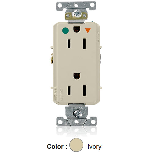 Leviton D8200-IGI, Decora Plus Straight Blade Duplex Receptacle, Heavy-Duty Hospital Grade, Smooth Face, Isolated Ground, 15A 125V, NEMA 5-15R, 2-Pole, 3-Wire, Back and Side Wire, Ivory