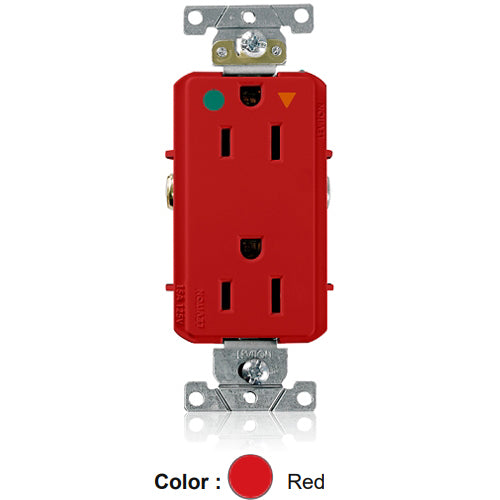 Leviton D8200-IGR, Decora Plus Straight Blade Duplex Receptacle, Heavy-Duty Hospital Grade, Smooth Face, Isolated Ground, 15A 125V, NEMA 5-15R, 2-Pole, 3-Wire, Back and Side Wire, Red